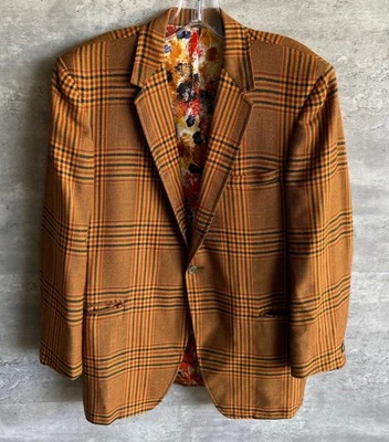 Vintage 1960s Union Made Orange Plaid Wool Floral Lined Suit Jacket Blazer Sz M - Image 1 of 4