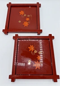 Vintage Mid-Century Yamanaka LACQUERWARE Trays Set Of 2 9”x9” Maple Leaves - Picture 1 of 10