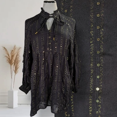 Blusa túnica Anthropologie Quinn negra lentejuelas talla S top manga globo metálico Foto 1 de 4