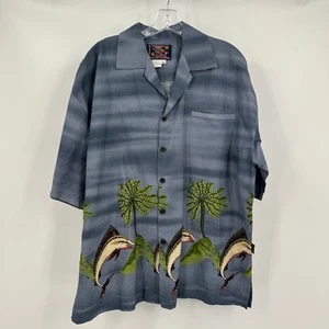 Basix Mens Hawaiian Shirt Size L Tropical Resort Fish Marlin Palms Island Print - Picture 1 of 7