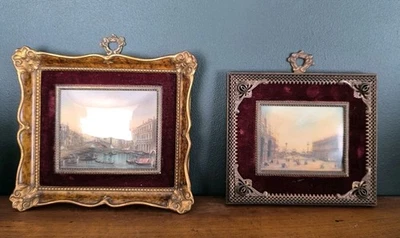 2 Chromolithographies anciennes Venise cadres XIXe en velours et métal bois doré - Photo 1/4