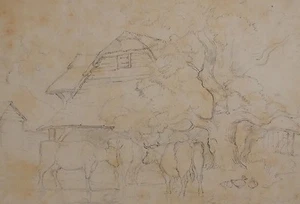 C1900 Original Kunstwerk Zeichnung Sketch - ohne Vorzeichen - Rinder Farm Enten - Bild 1 von 4
