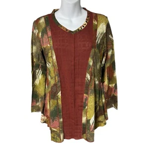Tunica top camicia multipla manica lunga ruggine arte astratta S Lagenlook Art Boho - Foto 1 di 7