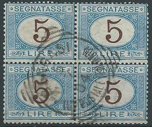 1870-74 REGNO USATO SEGNATASSE 5 LIRE QUARTINA - W141 - Picture 1 of 1