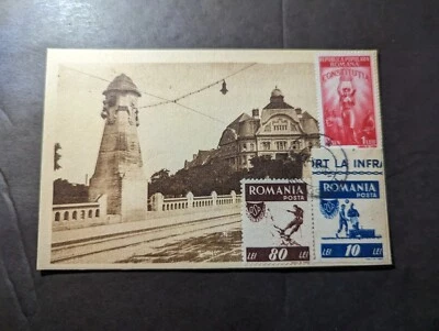 Cubierta de postal de recuerdo de Rumania 1948 RPPC puente Timisoara Bega Foto 1 de 2
