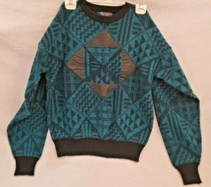 Vintage 80’s Barnaby Mens L Acrylic & Genuine Leather Sweater Pullover Teal NICE - Picture 1 of 8