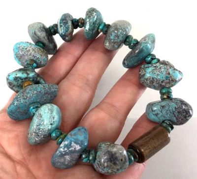 Pulsera turquesa azul pepita áspera/cuentas de madera piedras preciosas curativas Kingman 7,75" Foto 1 de 4