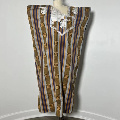 African Embroidered Agbada Boubou Kaftan Robe Striped Traditional Dashiki Style - Image 1 of 4