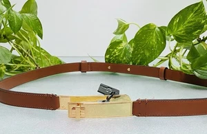 Polo Ralph Lauren Women Leather Gold Bar Logo Buckle Skinny Belt Sz 3x. NWOT. - Picture 1 of 11