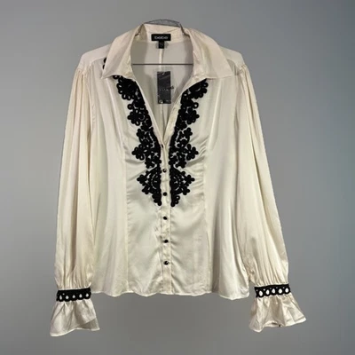 Camisa Blusa Bebe Seda Abotonada Mujer Grande Marfil Negro Detalle  Foto 1 de 4