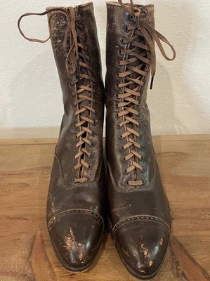 Victorian Leather Boots Lace Up Vintage Antique 1800s Wood Heel Womens Pointy To - Image 1 of 4