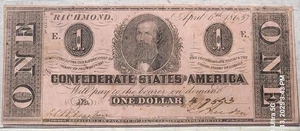 1863 Confederate **GEM CONDITION** $1 Dollar Note Civil War Currency Richmond VA - Picture 1 of 7