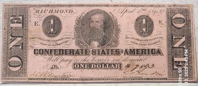 1863 Confederate **GEM CONDITION** $1 Dollar Note Civil War Currency Richmond VA - Image 1 of 4