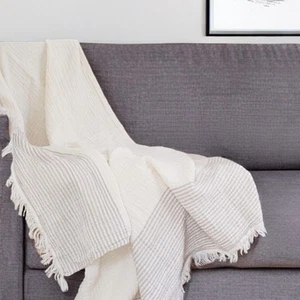 47" X 60" Beige and Ivory Cotton Woven Striped Throw Blanket with Fringe - Picture 1 of 10