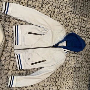 Doma Women’s Leather Jacket Ivory With Blue Hood Medium - Picture 1 of 17