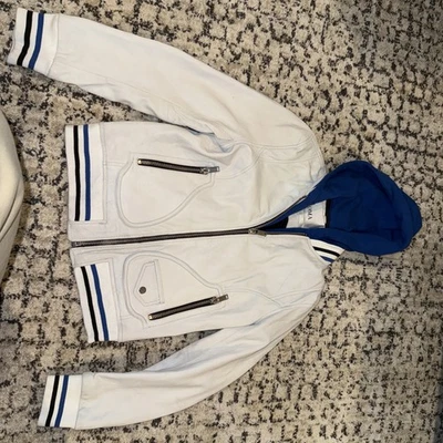 Doma Women’s Leather Jacket Ivory With Blue Hood Medium - Image 1 of 4