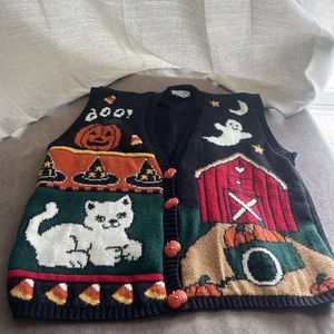 Heartworks Vintage Halloween Vest Medium Pumpkin Button Cat Ghost Candy Hat USA - Picture 1 of 10