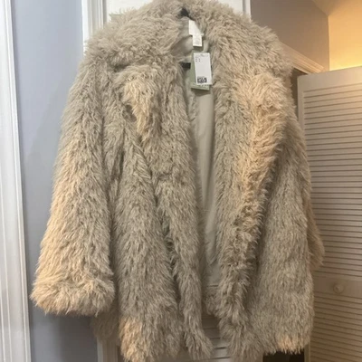 H&M Faux Fur AWESOME FUZZY Coat Beige Tan OVERSIZED Size S Womens Jacket - Image 1 of 4