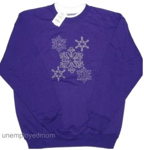Sweatshirt Women's Purple Snowflake Rhinestones Top Sweater Holiday Christmas - Picture 1 of 6