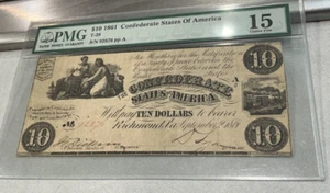 T-28 $10 1861 Confederate States Banknote Civil War Confederacy Money, PMG F 15 - Picture 1 of 2