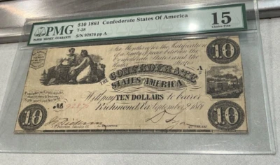 T-28 $10 1861 Confederate States Banknote Civil War Confederacy Money, PMG F 15 - Image 1 of 2
