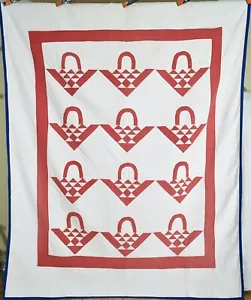 Vibrant 1910's Red & White Baskets Antique Quilt ~UNUSUAL DESIGN! - Picture 1 of 7
