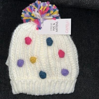 Nuevo con etiquetas Juego de gorro y mitones Capelli NY Pom grueso tejido marfil multicolor niño 2T-4T Foto 1 de 3