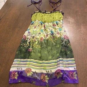 VTG Y2K Green Purple Multicolor Floral 100% Silk Mini Dress Size Large - Picture 1 of 4