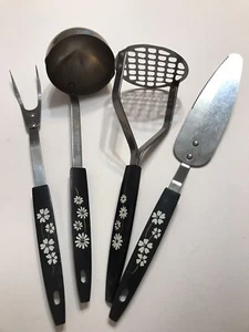 4 Vintage Edelstahl schwarz Griff mit Gänseblümchen Küche Servierutensilien (2 Muster) - Bild 1 von 10
