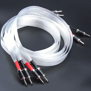 Pair Silver Plated OCC Flat Speaker Wire Cable With Carbon Fibre BFAB anana Plug