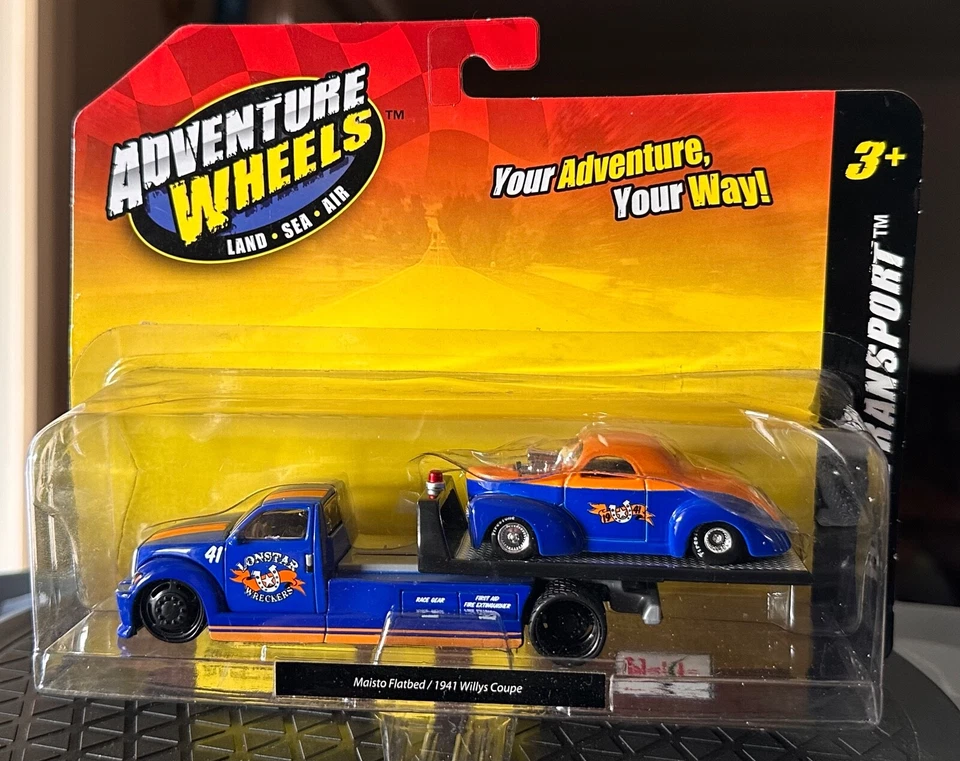 Maisto: Adventure Wheels Flatbed Transport & 1941 Willys Coupe set 1:64 Hot Rod - Image 1 of 1