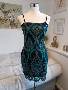 Quiz BNWOT Size 10 Black Green Paisley Embroidered/Embellished Lined Dress Front - Picture 1 of 10