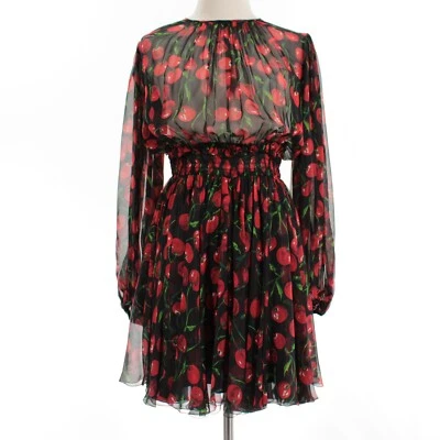 Dolce & Gabbana NWT Cherries Semi-Sheer Dress Size 42 US 6 Red & Black 100% Silk - Image 1 of 4