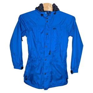 Vintage REI Elements Women's Royal Blue Rain Coat Sz Medium Hooded Full Zip Long - Picture 1 of 15