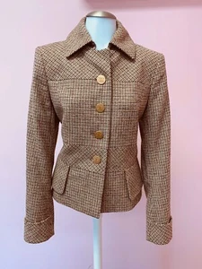 ESCADA 38 8 Brown Camel Beige Houndstooth Women’s Designer Wool Blazer Jacket - Picture 1 of 11