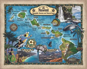Hawaii Waterfalls Historic Map Reproduction Artwork Wall Art Print Vintage - Picture 1 of 1