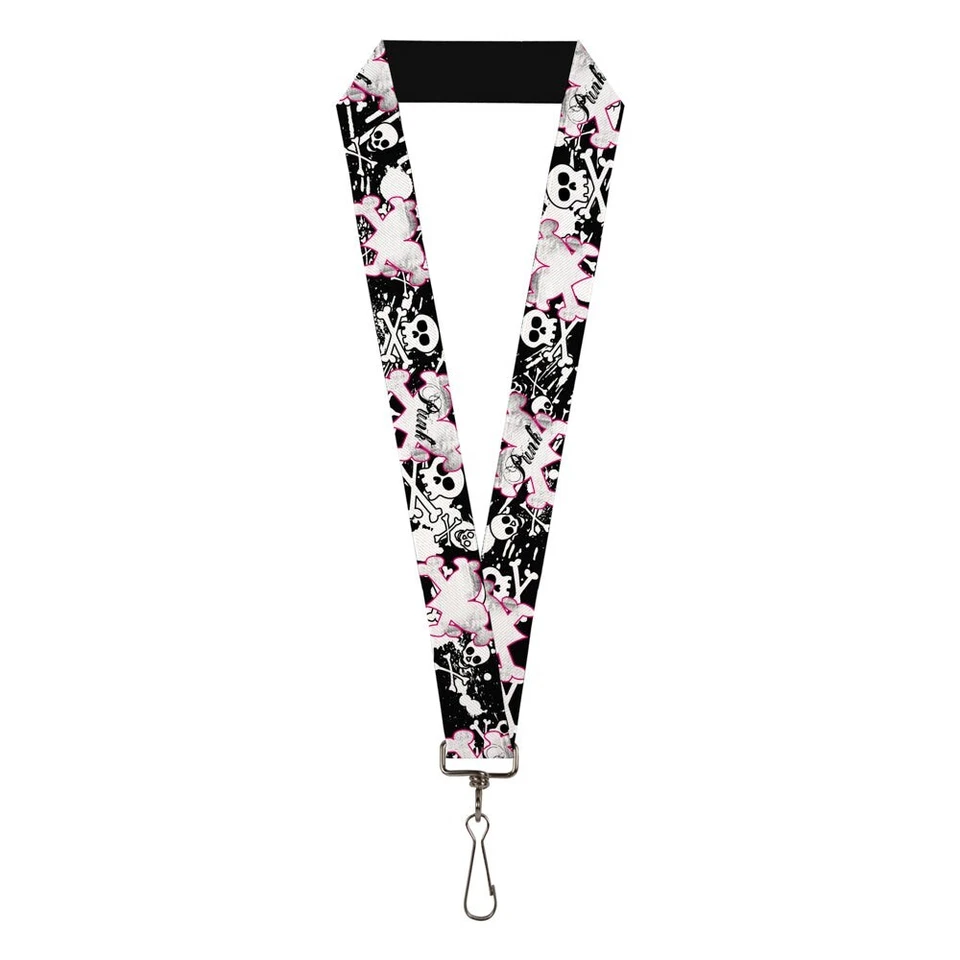 BUCKLE-DOWN Lanyard - 1.0" - Punk Heart & Cross Bones w Skulls & Splatter Black White