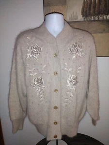 Maglione cardigan vintage Eddie Dassin beige con perline misto angora bottoni M - Foto 1 di 10