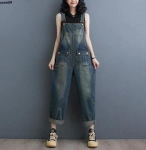 Women Retro Loose Jumpsuit Jeans Ripped Trousers Overall Bib Long Pants Rompers - Picture 1 of 11