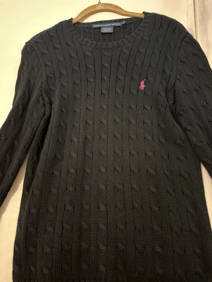 Suéter Ralph Lauren para mujer cuello redondo negro tejido con cable, talla grande, 100 % algodón Foto 1 de 1