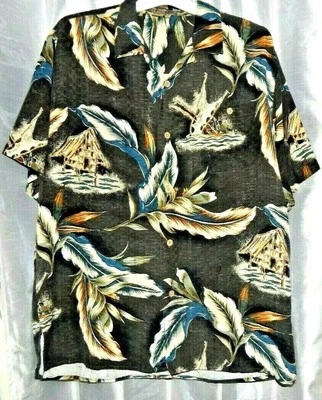 Camisa masculina estilo havaiano de seda verde escura Tulliano tamanho grande - Imagem 1 de 4