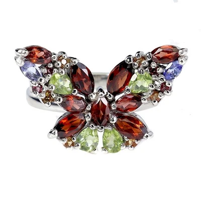 Anillo de plata de ley 925 mozambique granate peridoto piedras preciosas joyería talla 8 Foto 1 de 4
