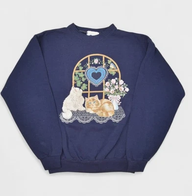 复古猫运动衫女式中号小猫花卉圆领套衫美国制造 — 第 1/4 张图片