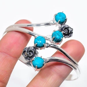 Green Turquoise Gemstone Handmade 925 Sterling Silver Adjustable Cuff Bracelet - Picture 1 of 1