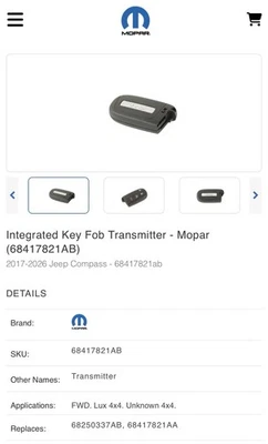 New Genuine Mopar 68417821AB Key Fob Transmitter Jeep Compass - Image 1 of 3