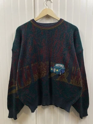 Vintage 90s Classic Car Embroidered Knit Sweater Men’s Large Mulitcolor Cozy - Image 1 of 4