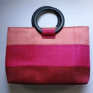 Silk Pink Red Rectangle Handbag Pocketbook w/Circle Handles  Cambodia - Picture 1 of 6