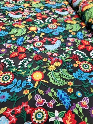 Multicolor Spring Red Blue Green Floral Lace Fabric By the Yard On Black Mesh  - Image 1 of 4