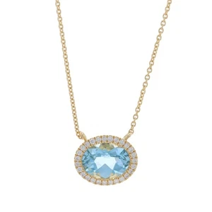 Oro Amarillo Aguamarina Diamante Halo Collar 16" 14k Ovalado Ajedrez 1.72ctw - Imagen 1 de 7