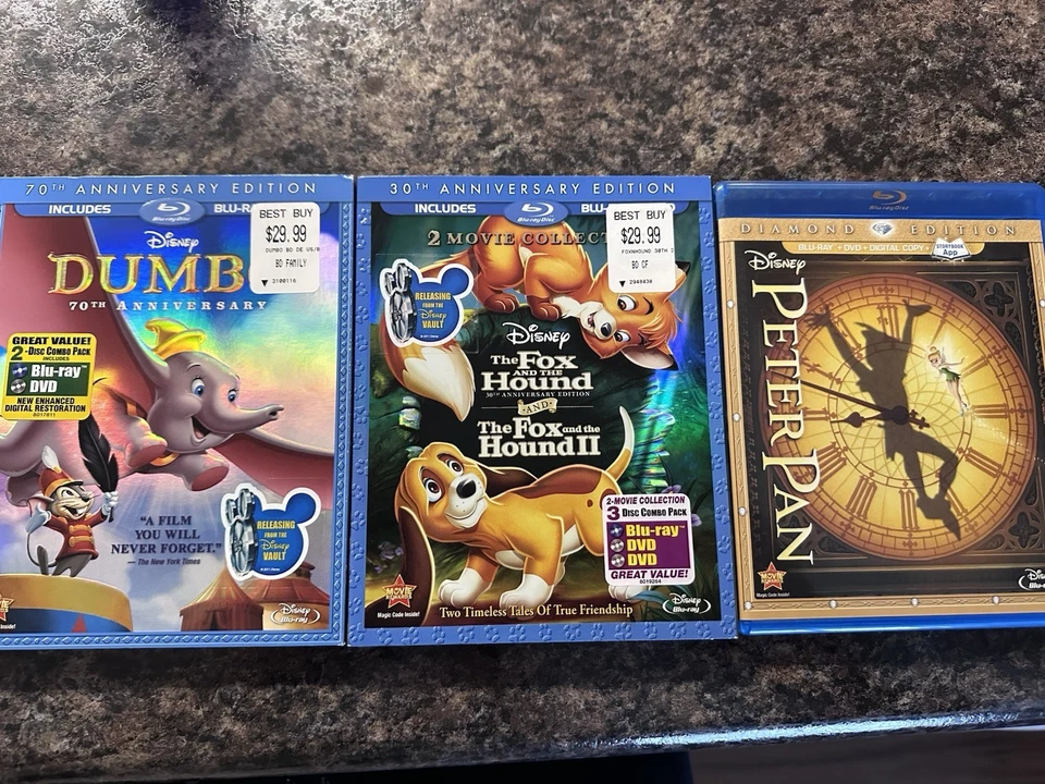Disney Movie Dvd Blu Ray Like New, 2 Slips, Dumbo, Fox And Hound, Peter Pan - Image 1 of 1